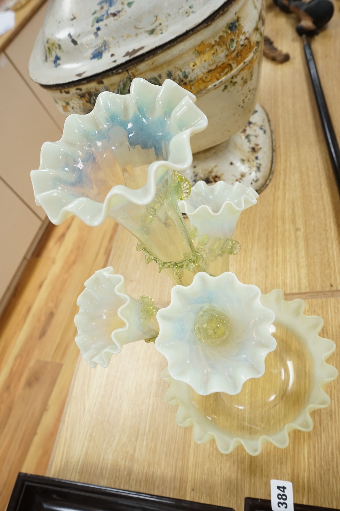 A 19th century Vaseline glass epergne, 44cm high